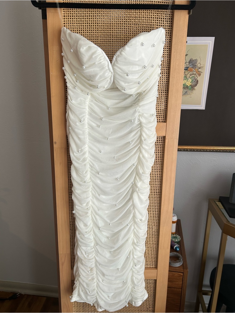 Kaylee White Strapless Ruched Pearl Maxi Dress Formal Gown Size L